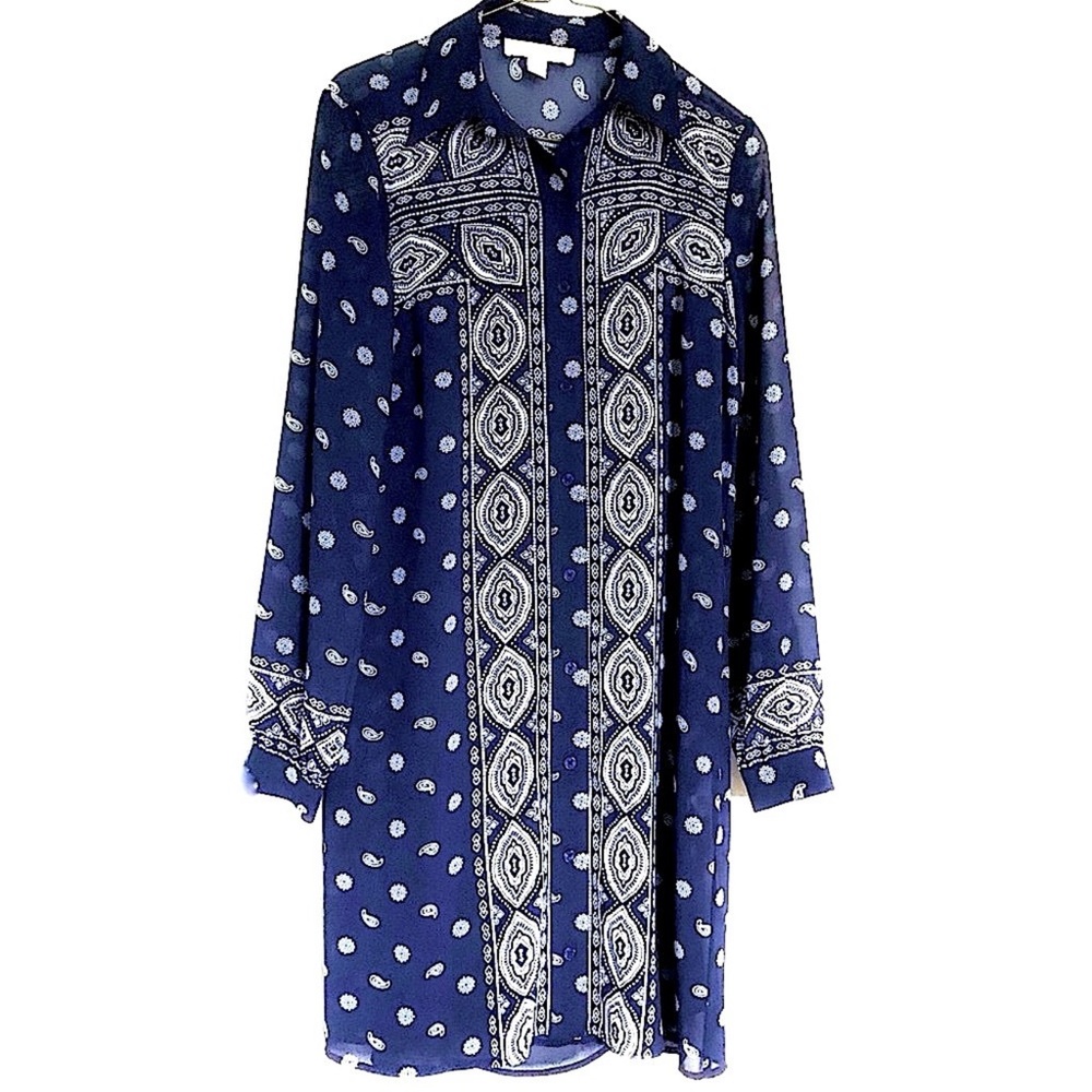 MICHAEL Michael Kors Navy Paisley Bandanna Long Sleeve Shirt Dress Size …